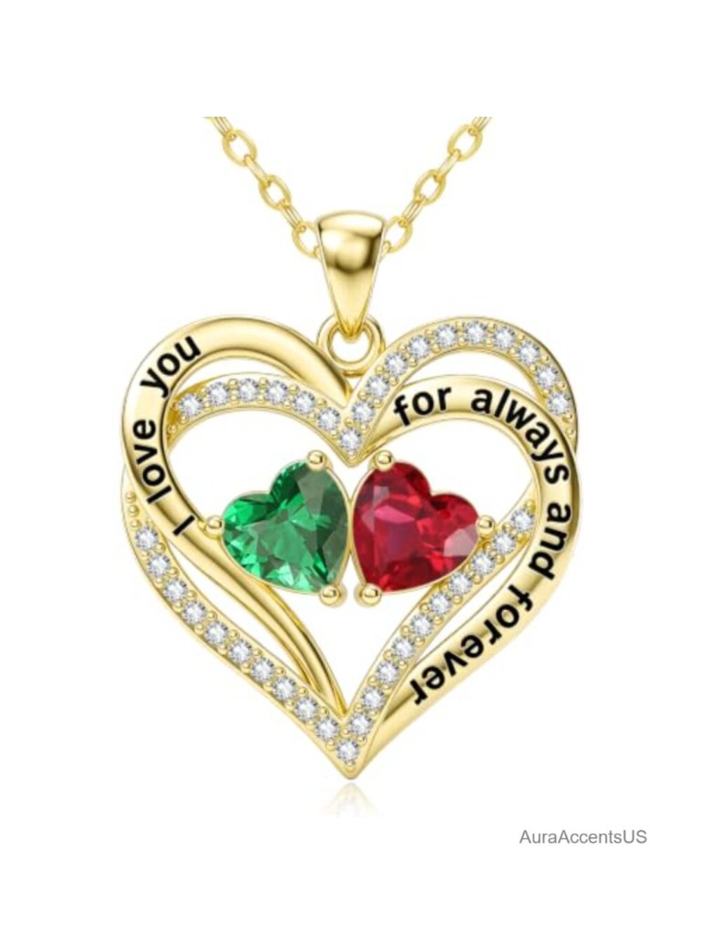14K Gold Double Heart Birthstone Pendant Necklace for Women